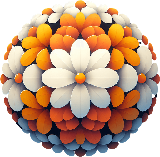 A round orange and white flower. Top down view.
Single Game Texture. In-Game asset. 2d. Blank background. High contrast. No shadows.