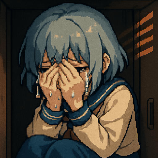 Yui is a cute 15-year-old anime girl with big black eyes and short, soft blue-gray hair (HEX: #b0b9d8). She wears a traditional Japanese school uniform called a sailor fuku. In this Pixel Art scene, Yui is clearly devastated—she’s hunched over in a slouched, defeated posture, crying intensely. Many visible tears stream down her cheeks, slipping past her fingers as she covers her face with both hands. Her entire body language screams sadness; it’s raw, heavy, and impossible to ignore. She’s inside a school locker, and although she’s looking outward through the metal grate, her face is mostly hidden behind her trembling hands. The entire scene is viewed from inside the locker, with soft light coming through the vents, casting delicate shadows across her curled-up figure and highlighting the depth of her heartbreak. The atmosphere is heavy, emotional, and quietly heartbreaking—yet still family-friendly in tone.