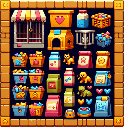 Pet store.
Single Game Texture.  In-Game asset.  2d.  Blank background.  High contrast.  No shadows