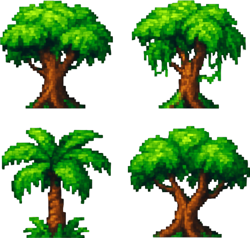 Generame arboles pixelar, de jungla, en fondo balnco.
In-Game asset.  2d.  High contrast.  No shadows