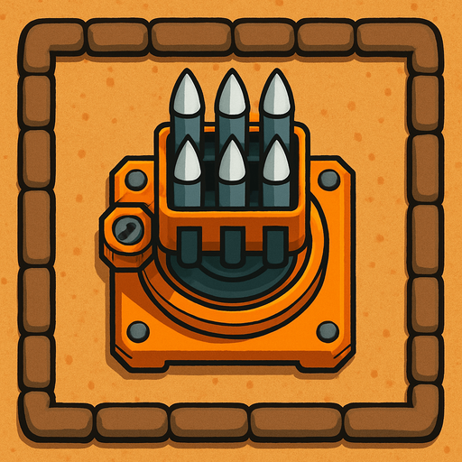 Top view of an Orange defense Military tower Rockets, in the desert, the image has a square border outlined by military defense Brown sandbags.
In-Game asset.  2d.  High contrast.  No shadows