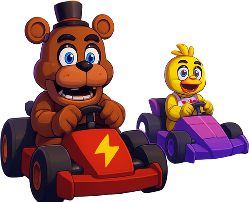 Fullscreen modern App Store landscape banner, 16:9, high definition, for a game titled "Freddy's Racing Championship" and with the description "Kart racing game featuring FNAF animatronic characters racing through 80s-themed tracks with unique obstacles and unlockable characters.". No text on banner!