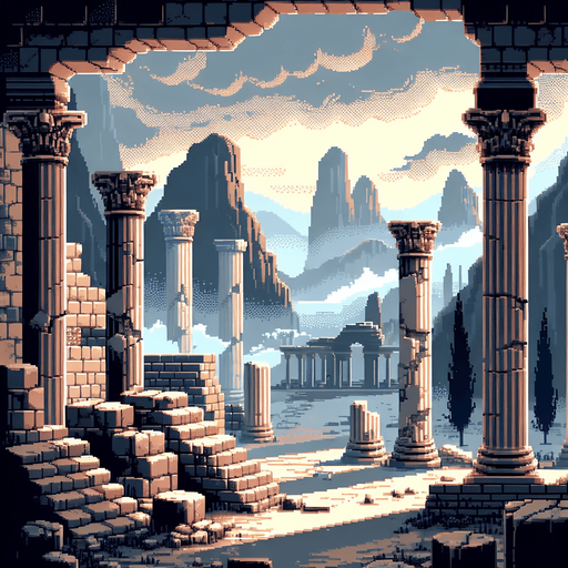 Ancient greece background pixel style ruins.
Single Game Texture.  In-Game asset.  2d.  Blank background.  High contrast.  No shadows