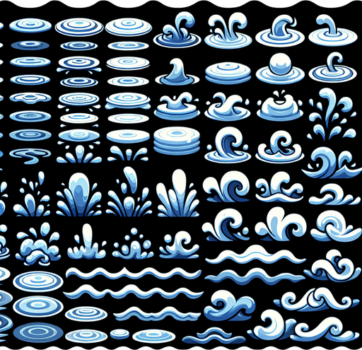 A sprite sheet of different water ripples.
Single Game Texture. In-Game asset. 2d. Blank background. High contrast. No shadows.