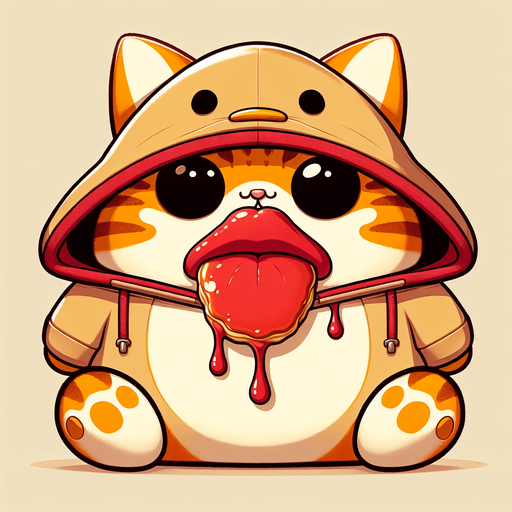 The character in the image is a cartoon-style, orange tabby cat with noticeable stripes. It has a round face, big black eyes covered by oversized, round, dark opaque sunglasses, and a prominent, exaggerated red pout in the shape of a duck's bill that stretches across the entire width of its face. The cat's body is smaller in comparison to its head, giving it a cute, chubby appearance. It's wearing a simple, light-colored hoodie with a drawstring. On its head, rather humorously, sits a pancake, serving as an unconventional hat, with syrup artfully dripping down its sides. The cat sits with its paws visible in front, showing a relaxed posture. The overall style is playful and whimsical, perfect for a casual mascot or a character in a children's book..
Single Game Texture. In-Game asset. 2d. Blank background. High contrast. No shadows.