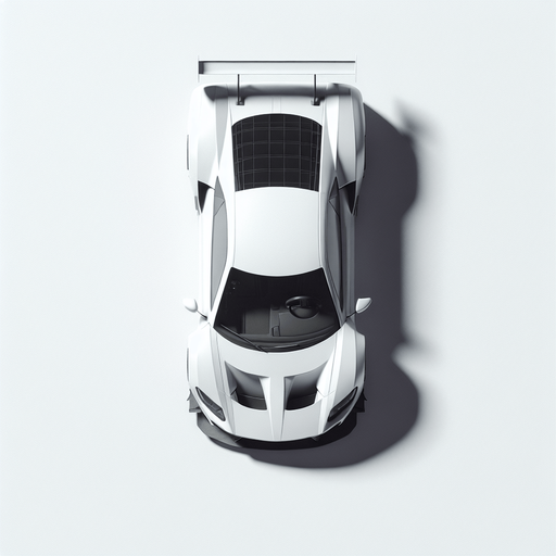 top down view of white racing car.
Single Game Texture.  In-Game asset.  2d.  Blank background.  High contrast.  No shadows