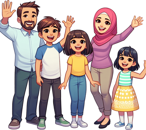 A smiling family waving..
Single Game Texture. In-Game asset. 2d. Blank background. High contrast. No shadows.