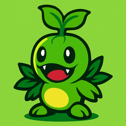 Um monstrinho do tipo grama inspirado em Pokémon e Digimon e planta vs zombie.
In-Game asset.  2d.  High contrast.  No shadows