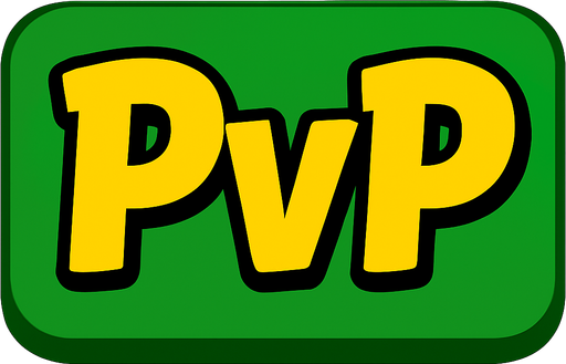 A 3:2 ratio rectangular green button that says “PvP” using this yellow font.