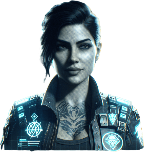 A hologram projection of a rebel secret agent bust, with a futuristic cyberpunk style. The agent is a confident woman in a rugged yet high-tech suit, adorned with subtle anarchist symbols and glowing blue accents. Her look conveys authority and high rank within an underground rebel group, with a determined and defiant expression as she gives hacking instructions to the player..
Single Game Texture. In-Game asset. 2d. Blank background. High contrast. No shadows.