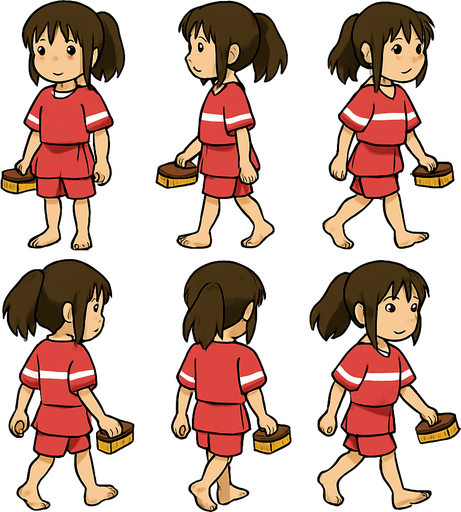 Pack of complete body frames of girl Chihiro character from "spirited a way" movie. without shoes, holding small rectangle hand Scrubbing Brush with color brown and yellow, her feet are dusty a bit from bottom
In-Game asset.  2d.  High contrast.  No shadows. no broom