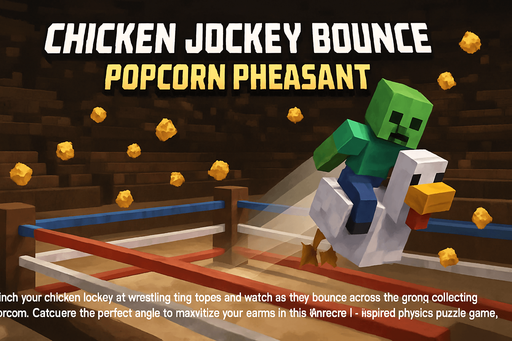 Fullscreen modern App Store landscape banner, 16:9, high definition, for a game titled "Chicken Jockey Bounce: Popcorn Pheasant " and with the description "Launch your chicken jockey at wrestling ring ropes and watch as they bounce across the arena collecting popcorn. Calculate the perfect angle to maximize your points in this Minecraft-inspired physics puzzle game.". Chicken Jockey text on banner! Add baby zombie riding the chicken