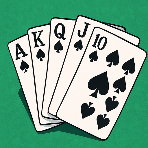 A fanned card hand that shows a royal flush in spades. Anime style.
In-Game asset.  2d.  High contrast.  No shadows