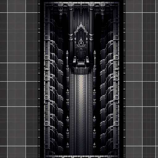 Background seen from above showing the long vertical black throne room hallway of the dark wizard king..
Single Game Texture. In-Game asset. 2d. Blank background. High contrast. No shadows.