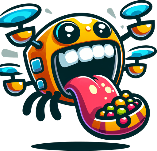 A fun loving hungry cartoon drone with a giant mouth.
Single Game Texture. In-Game asset. 2d. Blank background. High contrast. No shadows.