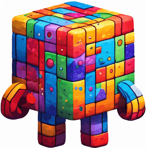 A little cube person. 2 legs. back to viewer. facing 45 degrees to the right. multicoloured skin, cartoon style.  Holding a big arrow point at 45 degress up