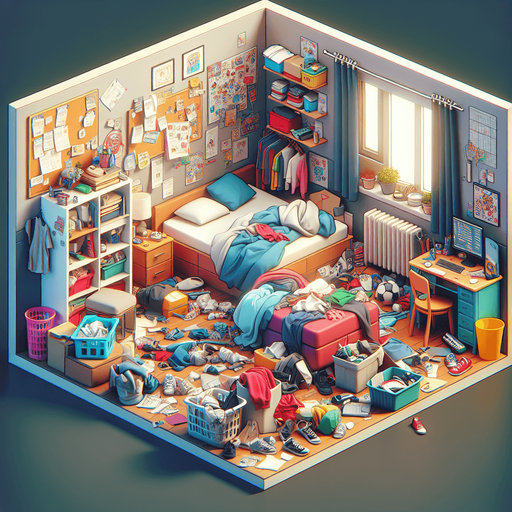 dağınık bir yatak odası, odanın içinden görünüm 3d renkli, çizgi film