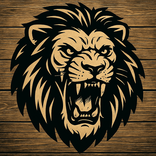 A scary lion image with wooden background.
In-Game asset.  2d.  High contrast.  No shadows