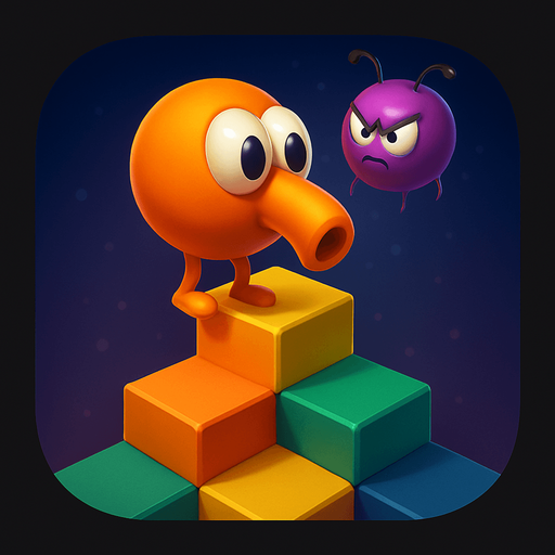 Modern App Store icon, high definition, square with rounded corners, for a game titled "Q-Bert Reimagined" and with the description "A modern take on the classic Q-Bert formula: navigate an isometric pyramid, change tile colors by landing on them, and avoid enemies while completing each level before advancing.". No text on icon!