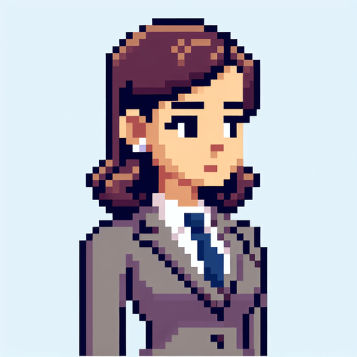 8-bit. cartoon. fancy office person. woman. seen from the side. in game assset. Single Game Texture. In-Game asset. 2d. Blank background. High contrast. No shadows.