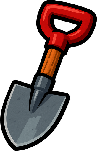 pequeña pala de acero, con mango de madera y un agarre de color rojo.
In-Game asset.  2d.  High contrast.  No shadows