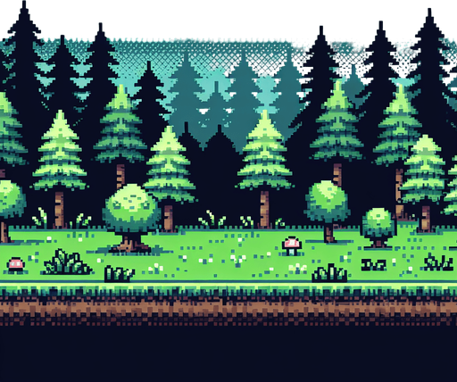 8 bit forrest.
Single Game Texture. In-Game asset. 2d. Blank background. High contrast. No shadows.