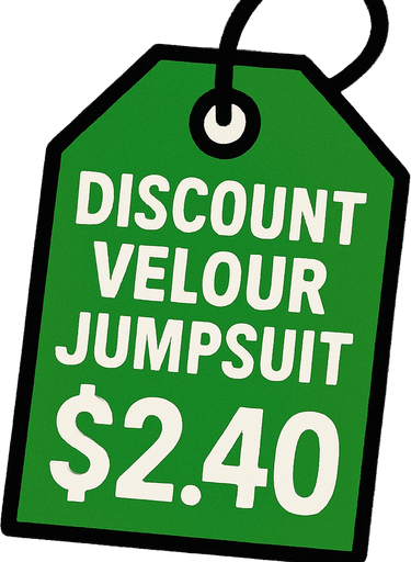 green price tag that says discount velour jumpsuit $2.40.
In-Game asset.  2d.  High contrast.  No shadows