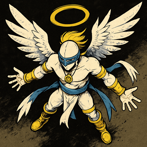 Angemon, visto desde arriba, calidad y detalles altamente épicos..
In-Game asset.  2d.  High contrast.  No shadows