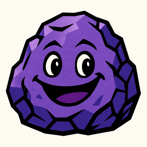 Genera una imagen de una roca morada sonriente.
In-Game asset.  2d.  High contrast.  No shadows