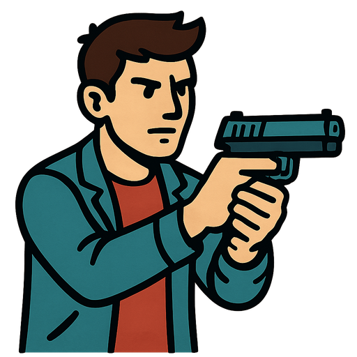 A guy with a gun.
In-Game asset.  2d.  High contrast.  No shadows