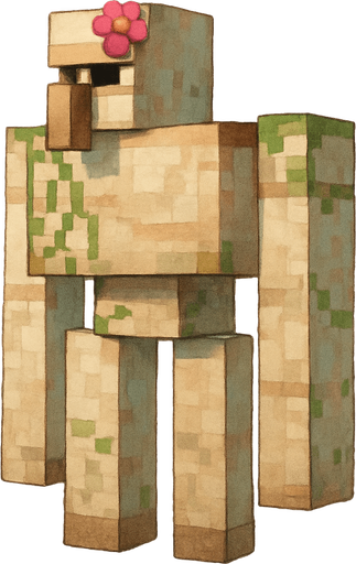 Minecraft iron golem facing left with a pink flower on his forehead. Full body.
2d. Cool.
