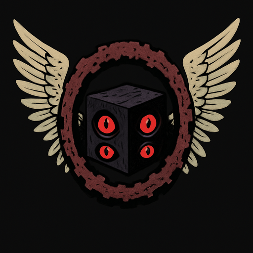 Alas: Tiene un par de grandes alas emplumadas de color gris claro o blanco, similares a las de un ángel o un grifo, que se extienden prominentemente hacia los lados.

Aro dentado/rueda: En el centro del ser hay un gran aro o rueda de color oscuro, posiblemente marrón rojizo o burdeos, con una textura rugosa o dentada, como si estuviera hecho de metal corroído o material orgánico. Este aro tiene aberturas o huecos irregulares a lo largo de su perímetro.

Cubo central: Dentro del aro, hay un objeto cúbico, de apariencia más pequeña que el aro, de color oscuro (posiblemente negro o morado muy oscuro). En cada una de las caras visibles de este cubo hay lo que parecen ser ojos rojos brillantes con pupilas oscuras, lo que le da un aspecto vigilante o inquietante..
In-Game asset.  2d.  High contrast.  No shadows