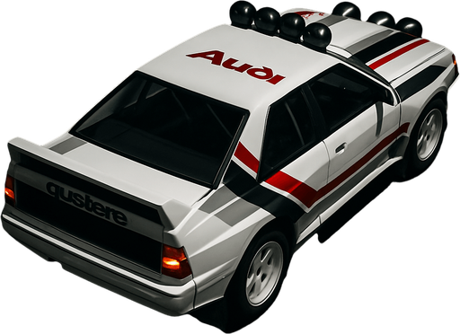 Photorealistic white audi b2 quattro RALLYCAR with red,grey,black stripes livery, drone topview from back in night. Angle should be 45 degrees in the top right corner of the screen.