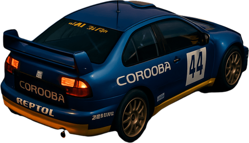 Photorealistic Seat Cordoba Rallycar in nightlight, drone topview from back and 45 degrees angle in top right corner