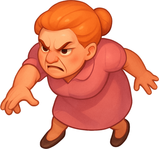 A lady that just threw a paper plane and is leaned forward due to that. She has a pink dress and orange hair. She looks like she has been working in an office for 40 years. Make her look angry as fuck. Cute soft graphics. soft ambient light. semi-matte to satin surfaces. naturalistic with slight saturation boost colors. 
In-Game asset.  2d.  High contrast.  No shadows. top down. View from above.