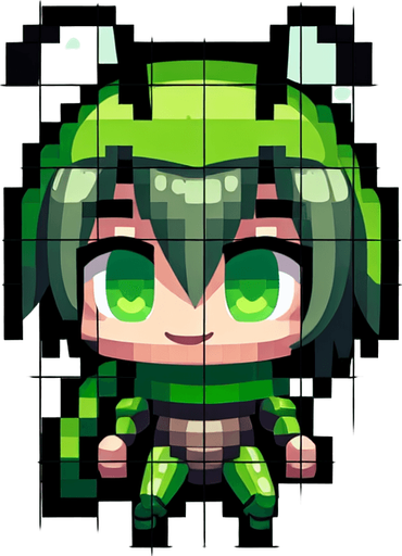 chibi 8 bit image green hopper insect anime protagonist.
Single Game Texture.  In-Game asset.  2d.  Blank background.  High contrast.  No shadows