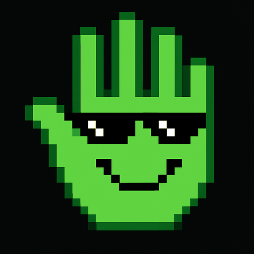 make an 2d green pixel hand palm with sun glasses and smile.
In-Game asset.  2d.  High contrast.  No shadows
