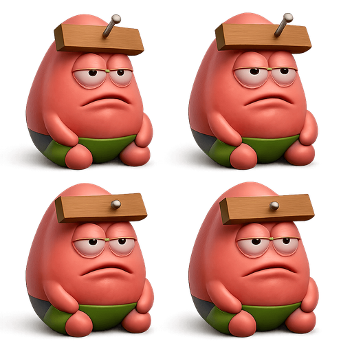 sprite sheet of patrick the star meme face sitting on his but with a plank on his forehead fixed with a nail. each face shaped as a marble shaped face made in blender 3D. arrange faces in a 2 by 2 grid