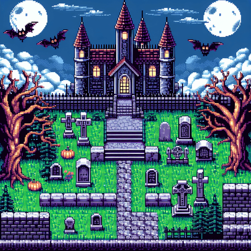 A pixel art large background in a Super Nintendo, Super Castlevania style with an open world like cemetery, 3/4 viewpoint
 
Single Game Texture. In-Game asset. 2d. Blank background. High contrast. No shadows.