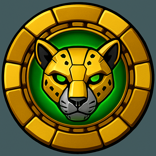 Change the image of a shield in the center into a robotic cheetah head. Change the background color in the center to green.