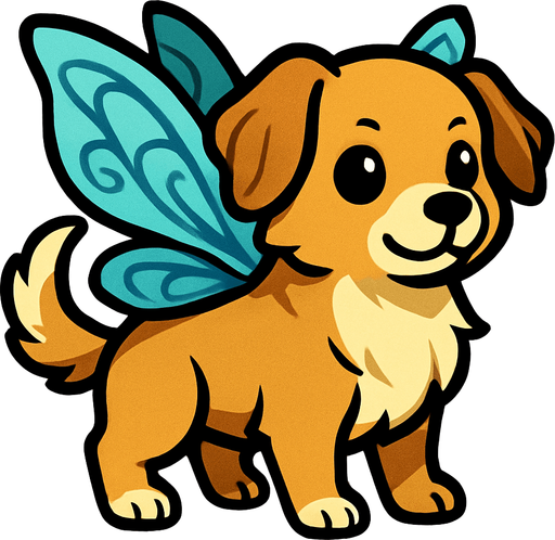 Chien avec des ailes de fée.
In-Game asset.  2d.  High contrast.  No shadows