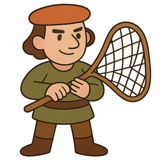 Elinde ağ olan bir avcı
. No background. Transparent background. Blank background. No shadows. 2d. In-Game asset. flat