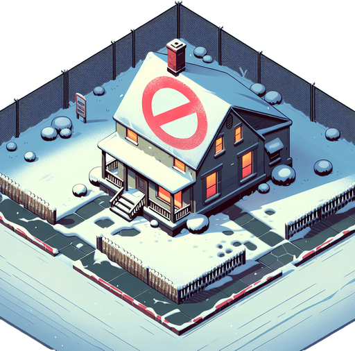 overhead view of drab house with giant prohibition symbol snowy lawn video game asset 2d blank background Single Game Texture. In-Game asset. 2d. Blank background. High contrast. No shadows.