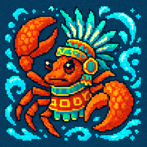 Generame un guerrero azteca con patrones, estilo pixelar, además será una Cangrejo violinista, con efectos de AGUA.
In-Game asset.  2d.  High contrast.  No shadows