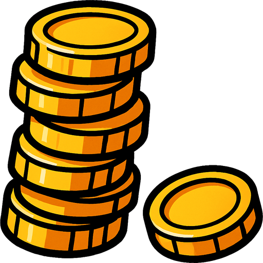 5 tane üst üste durmuş, kule gibi ama yamuk olan ve bir tanede yere düşmüş madeni para.
In-Game asset.  2d.  High contrast.  No shadows