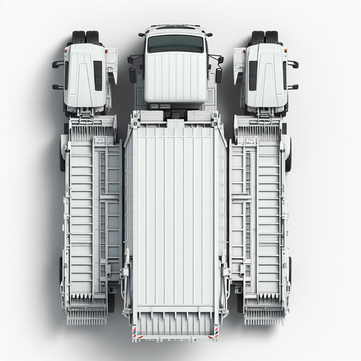 Zenith view of a white rectangular Harvester shape of a garbage truck with a triangular head.
Zenith view. Directly overhead. Plumb view.