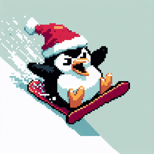 angry penguin snowboarder wearing a red santa hat. top-view. gta 2. seen from above. Single Game Texture. In-Game asset. 2d. Blank background. High contrast. No shadows. pixelated. 8 bit