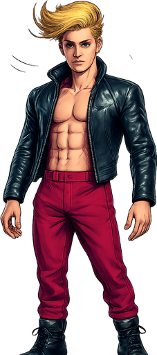 Swishy graceful man Cyberpunk manga, idle animation, shiny black leather biker jacket longsleeves shirtless Skinny abs blonde pompadour guy, wine red joggers combat boots, Background removed, "Full-body character, entirely in frame, no cropping of face, head, or feet" "Complete character visible, from head to toe, fully centered in the image" "Entire character, including face and boots, fully within the frame" Character fully contained within a square frame, no edges cut off fashion model idle pose