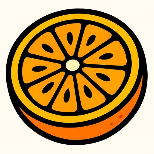 Naranja Circular Cortada por la mitad.
In-Game asset.  2d.  High contrast.  No shadows. Cartoon.