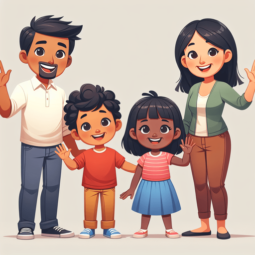 A smiling family waving..
Single Game Texture. In-Game asset. 2d. Blank background. High contrast. No shadows.